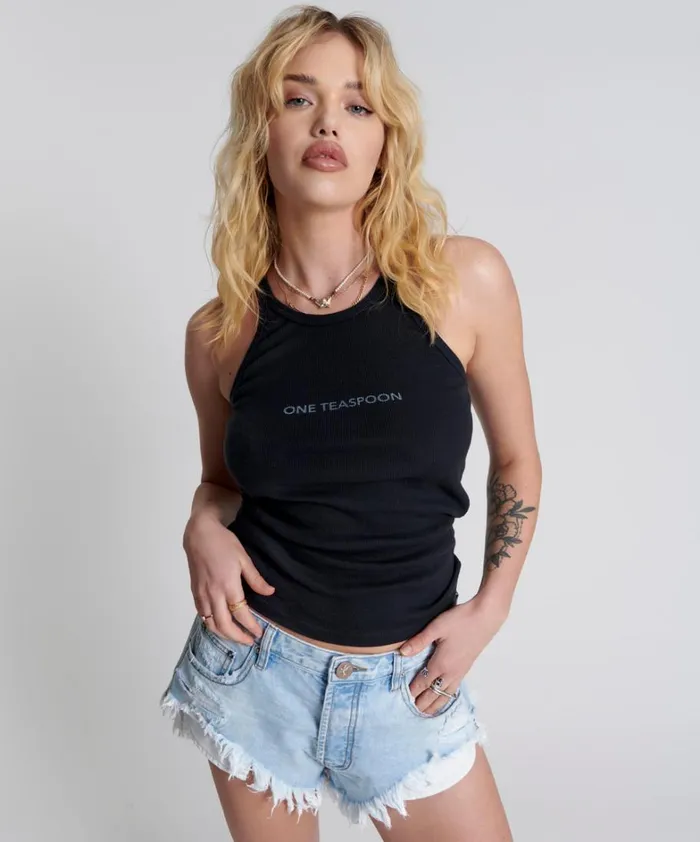 One Teaspoon Tees and Tanks WASHED BLACK LOGO SINGLET 8211 Women
