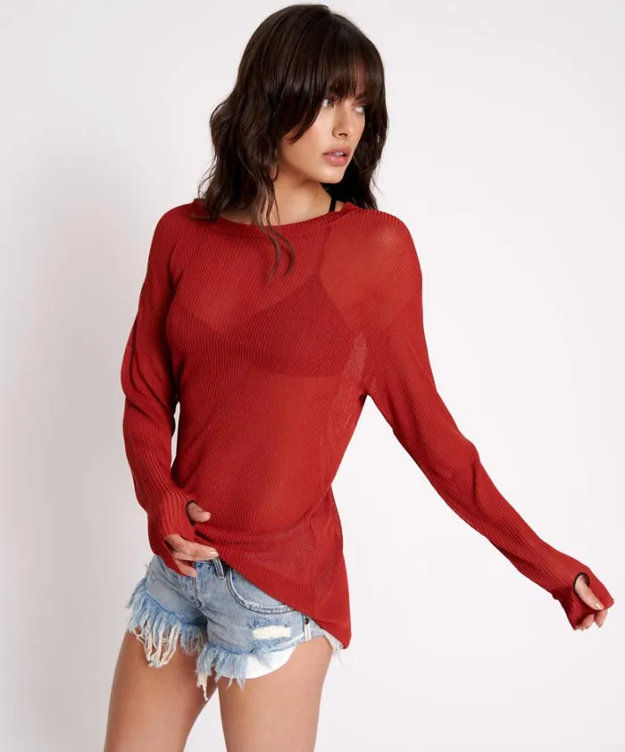 One Teaspoon Tops AMITY SHEER RIB KNIT TOP BROWN 8211 Women One Teaspoon Tops AMITY SHEER RIB KNIT TOP BROWN 8211 Women