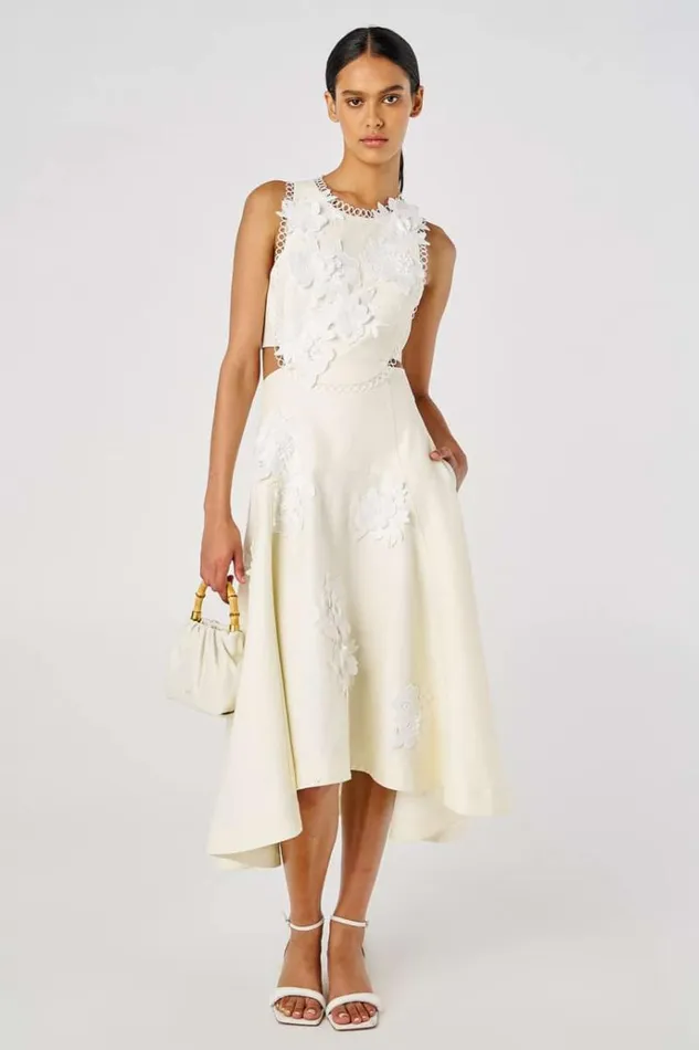 Oroton Dresses Women Lace Flower Midi Dress Soft Cream