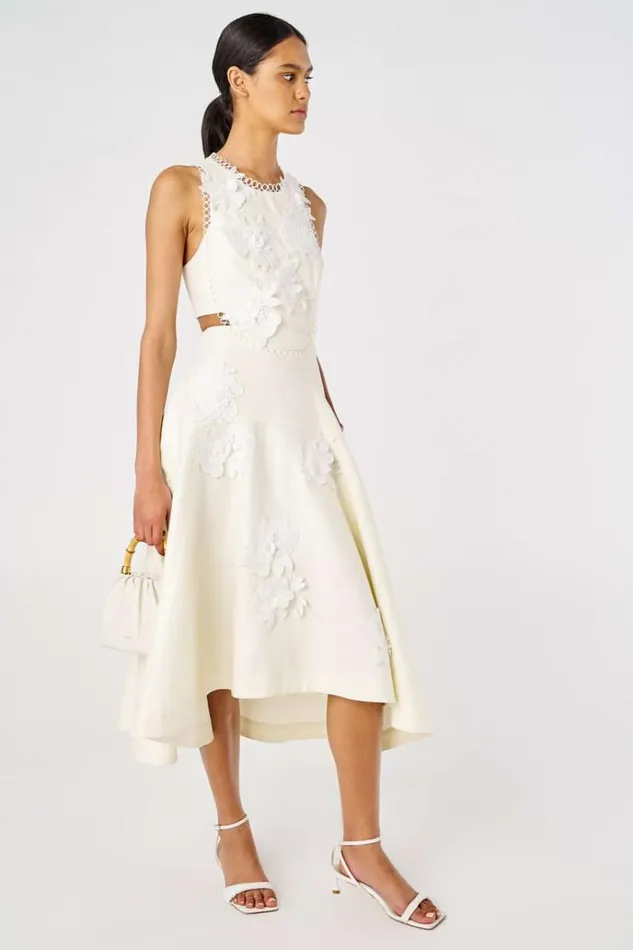 Oroton Dresses Women Lace Flower Midi Dress Soft Cream