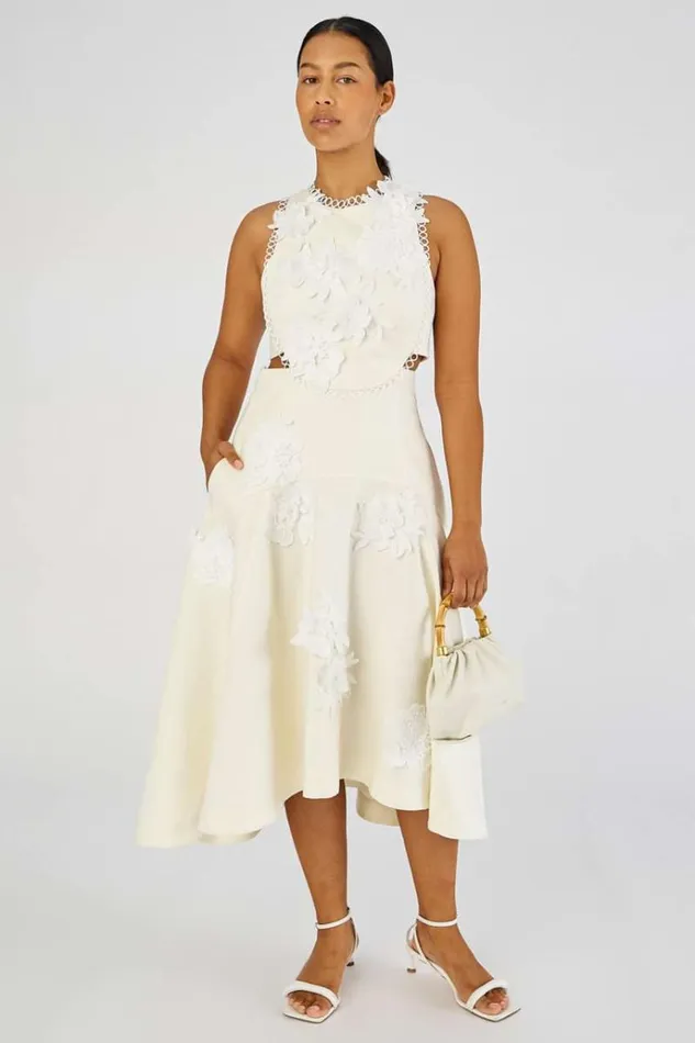 Oroton Dresses Women Lace Flower Midi Dress Soft Cream