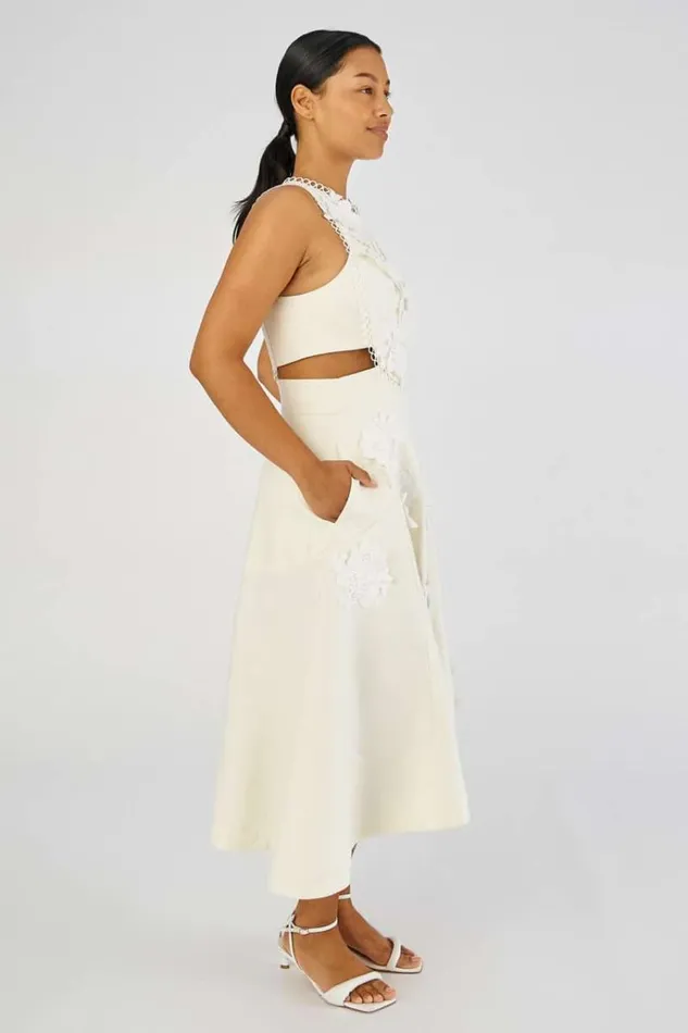 Oroton Dresses Women Lace Flower Midi Dress Soft Cream
