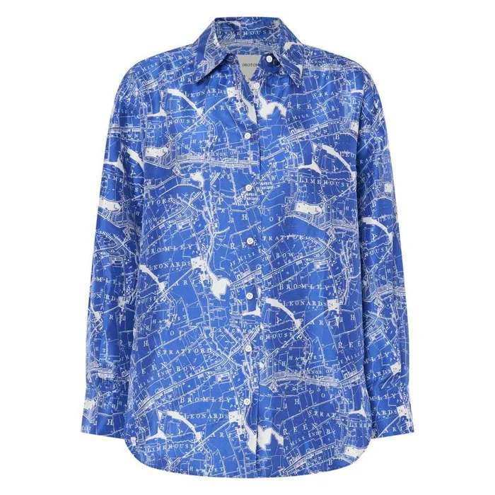 Oroton Tops Women Long Sleeve Map Print Camp Shirt Indigo