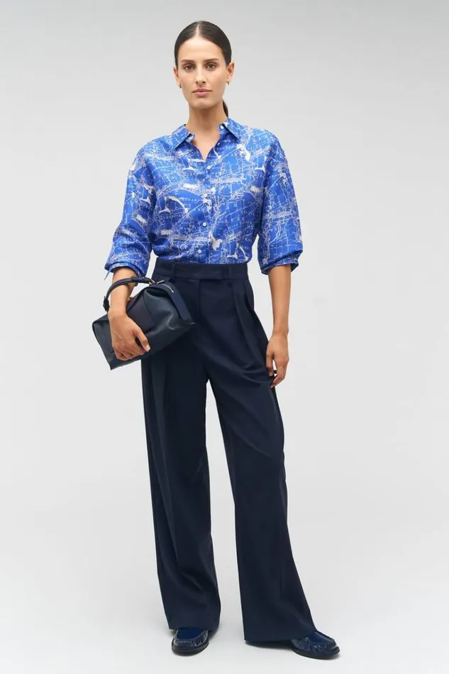 Oroton Tops Women Long Sleeve Map Print Camp Shirt Indigo