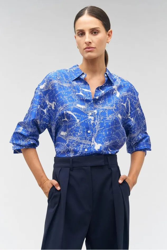 Oroton Tops Women Long Sleeve Map Print Camp Shirt Indigo