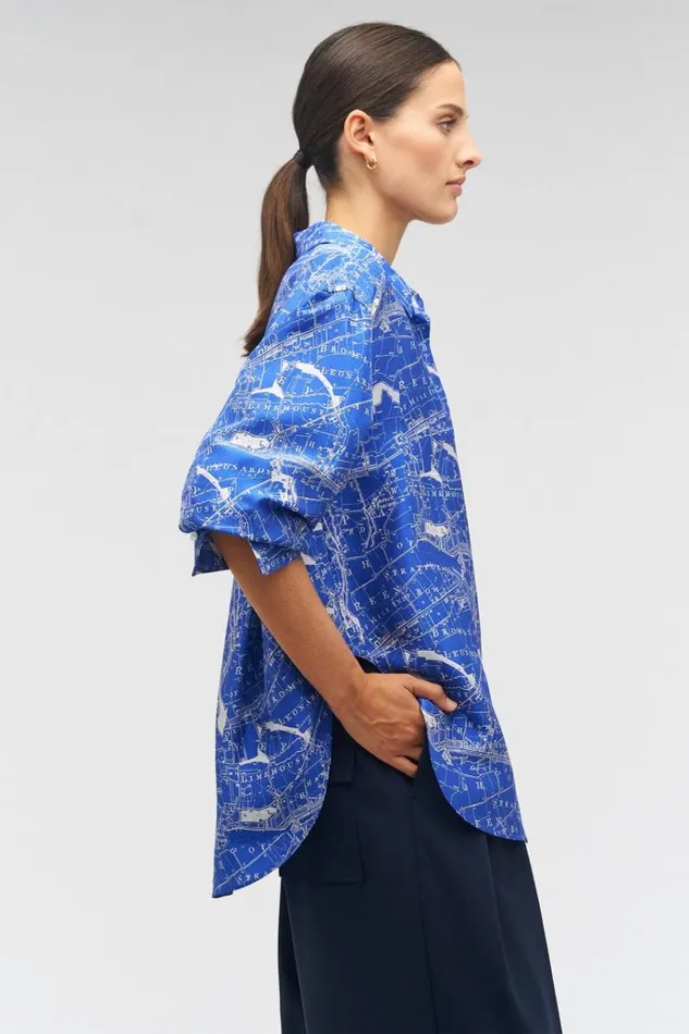 Oroton Tops Women Long Sleeve Map Print Camp Shirt Indigo
