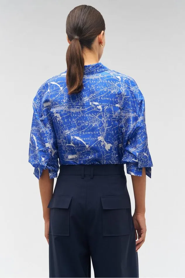 Oroton Tops Women Long Sleeve Map Print Camp Shirt Indigo