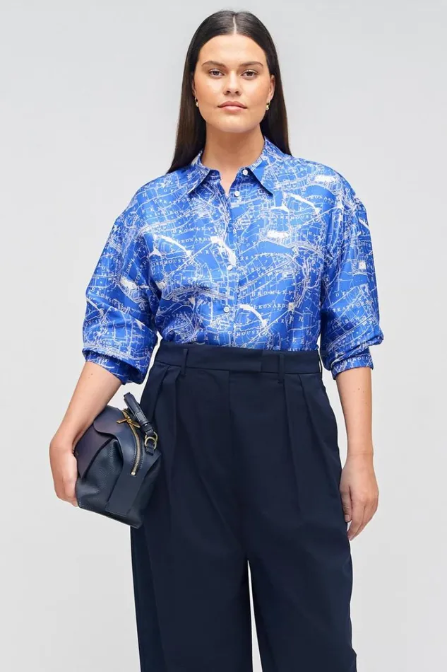 Oroton Tops Women Long Sleeve Map Print Camp Shirt Indigo