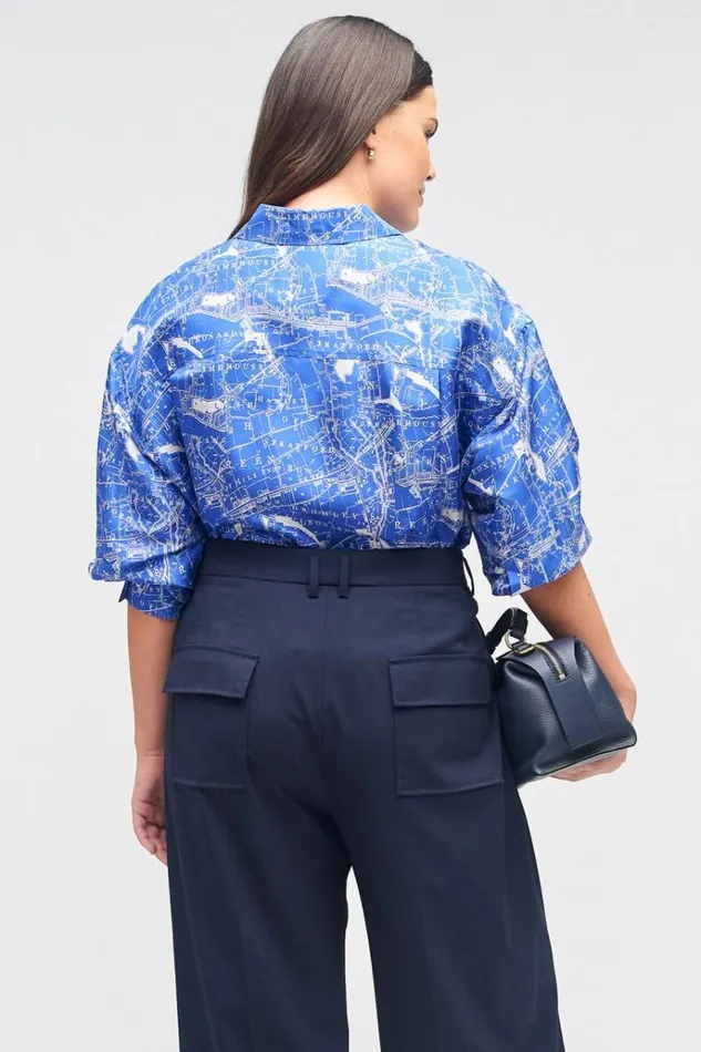 Oroton Tops Women Long Sleeve Map Print Camp Shirt Indigo