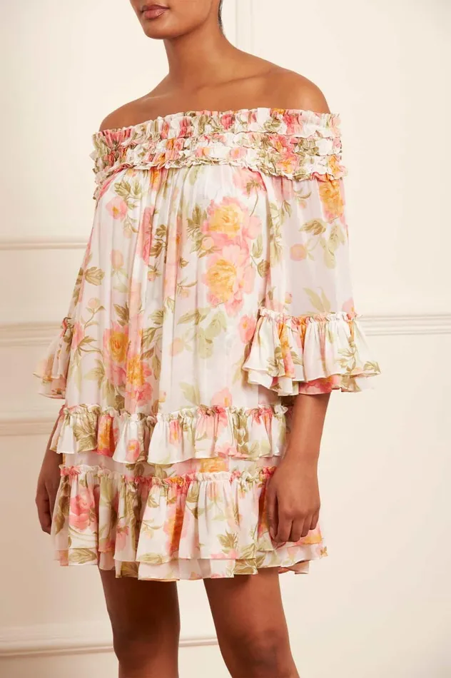 Peony Promise Chiffon OffShoulder Tiered Micro Mini Dress Multi Women Needle and Thread Dresses