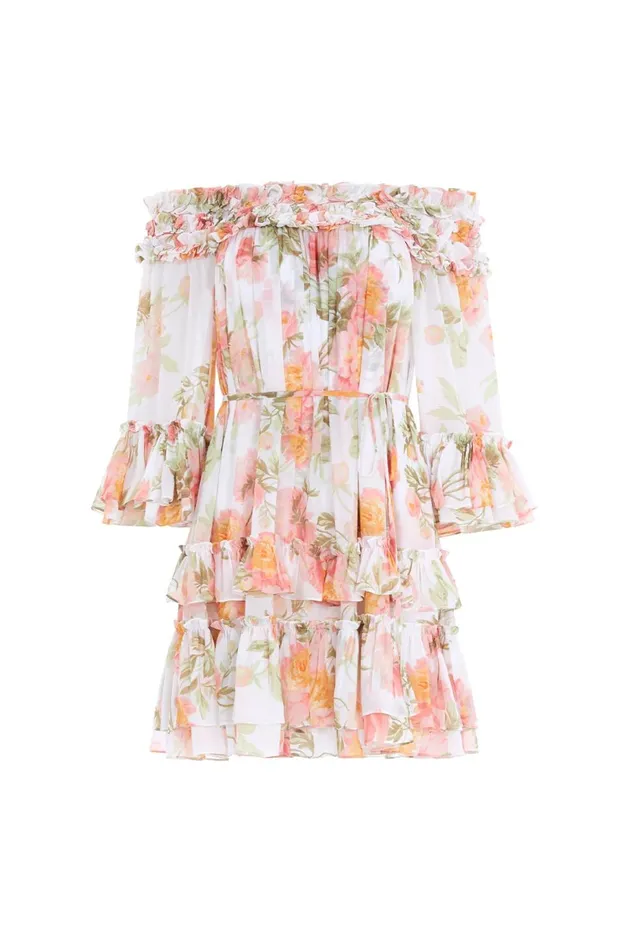 Peony Promise Chiffon OffShoulder Tiered Micro Mini Dress Multi Women Needle and Thread Dresses