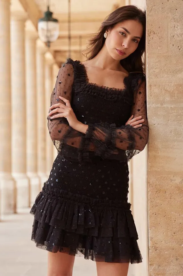 Polka Dot Smocked Long Sleeve Micro Mini Dress Black Women Needle and Thread Dresses