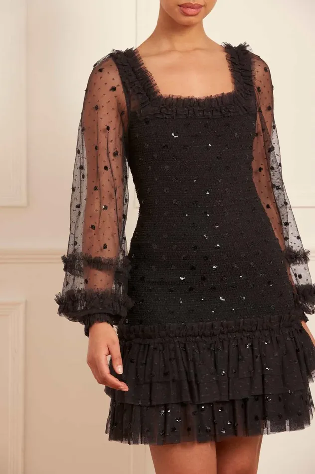 Polka Dot Smocked Long Sleeve Micro Mini Dress Black Women Needle and Thread Dresses