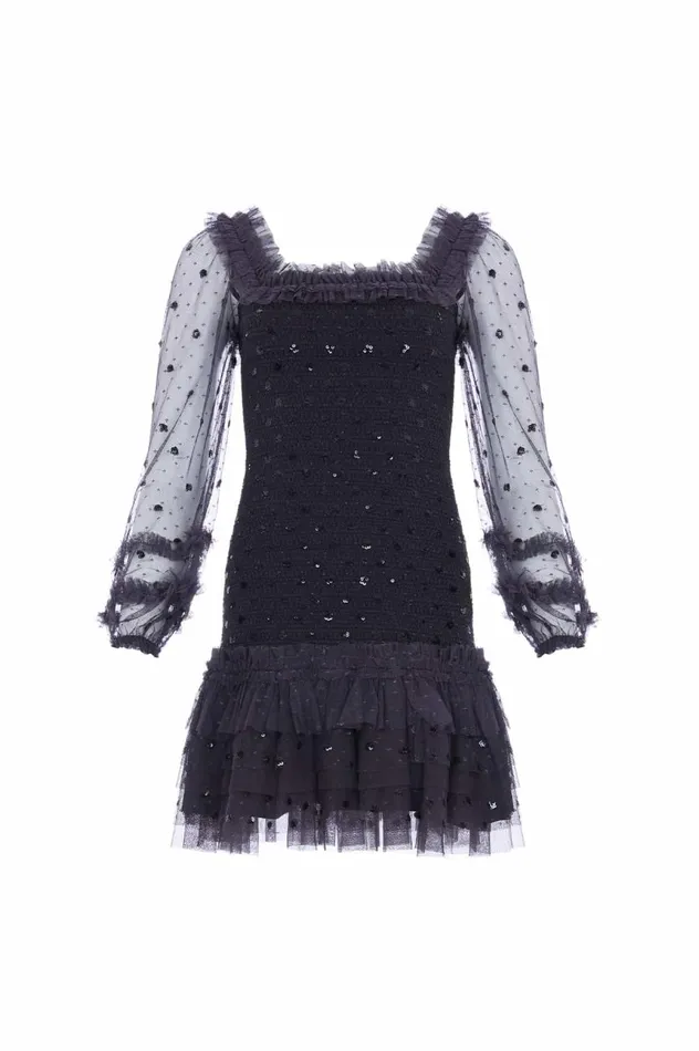 Polka Dot Smocked Long Sleeve Micro Mini Dress Black Women Needle and Thread Dresses