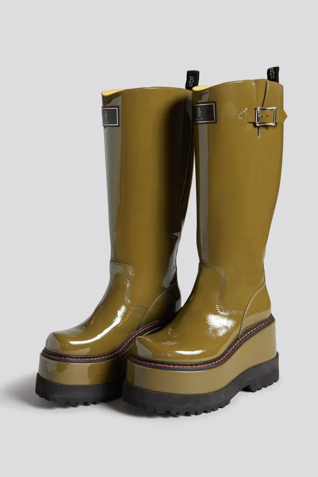 R13 Boots Women R13 PATCH ENGINEER BOOT 8211 PATENT OLIVE