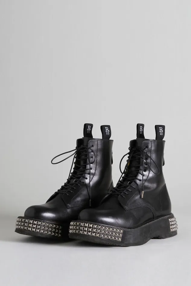 R13 Boots Women SINGLE STACK BOOT WITH STUD SOLE 8211 BLACK