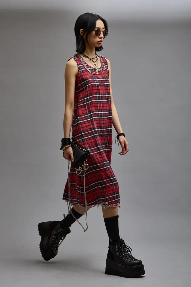 R13 Dresses and Skirts Women CHAIN EMBELLISHED MIDI 8211 RED PLAID