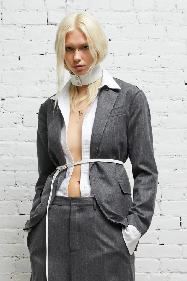 R13 Jackets and Coats Women SHRUNKEN RAW CUT BLAZER 8211 GREY PINSTRIPE