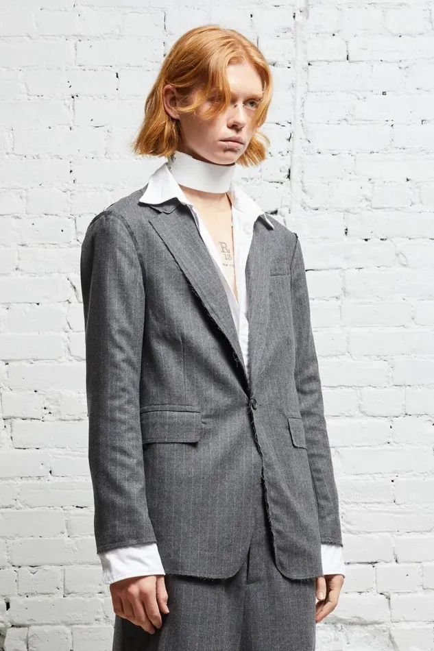 R13 Jackets and Coats Women SHRUNKEN RAW CUT BLAZER 8211 GREY PINSTRIPE