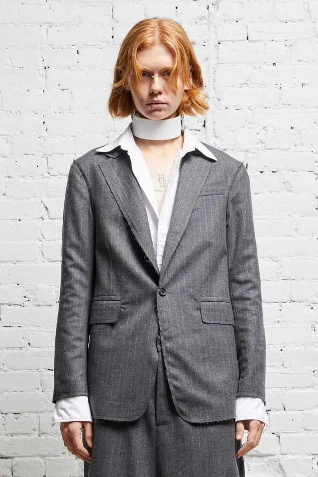 R13 Jackets and Coats Women SHRUNKEN RAW CUT BLAZER 8211 GREY PINSTRIPE