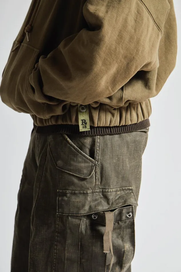 R13 Sale Men OVERSIZED SIDE GUSSET HOODIE 8211 OLIVE FLEECE