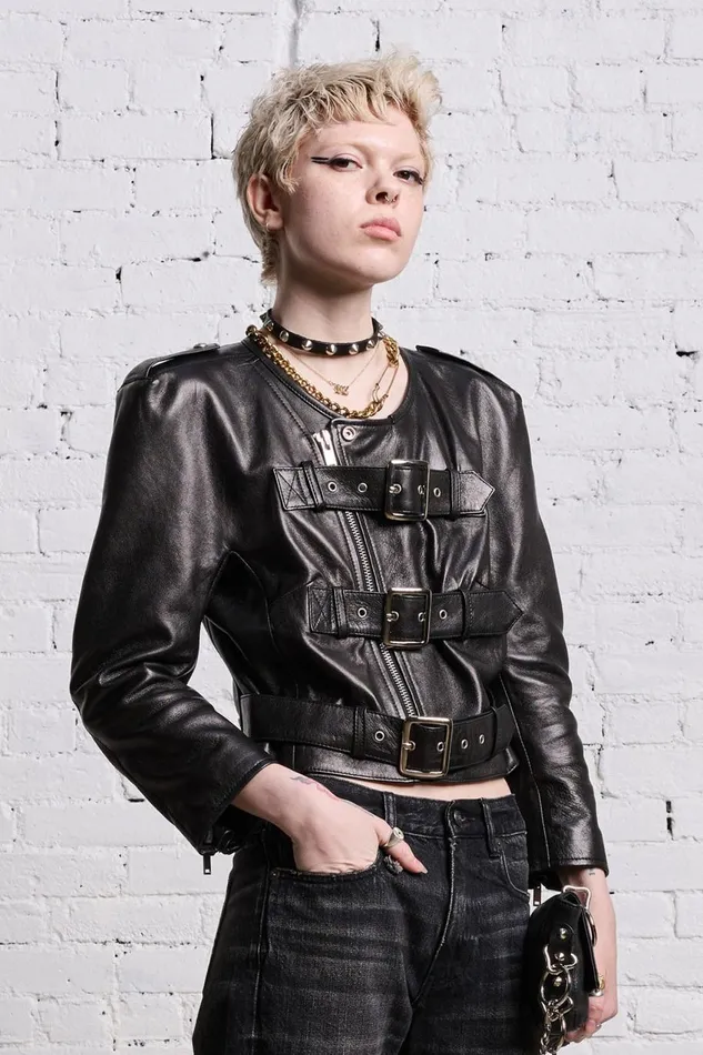 R13 Sale Women BELTED MOTORCYCLE JACKET 8211 BLACK