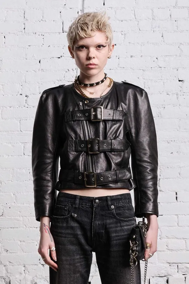 R13 Sale Women BELTED MOTORCYCLE JACKET 8211 BLACK