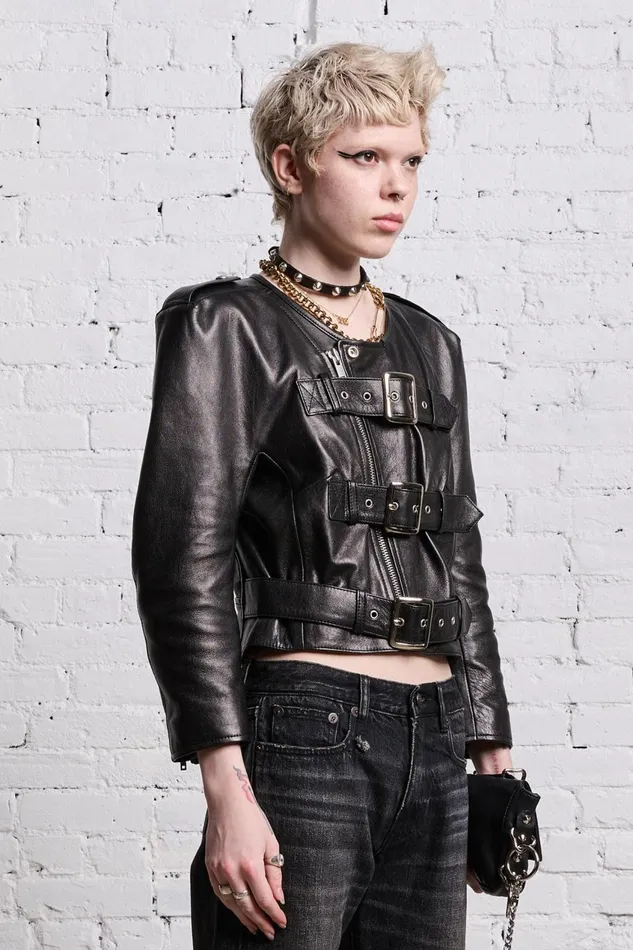 R13 Sale Women BELTED MOTORCYCLE JACKET 8211 BLACK