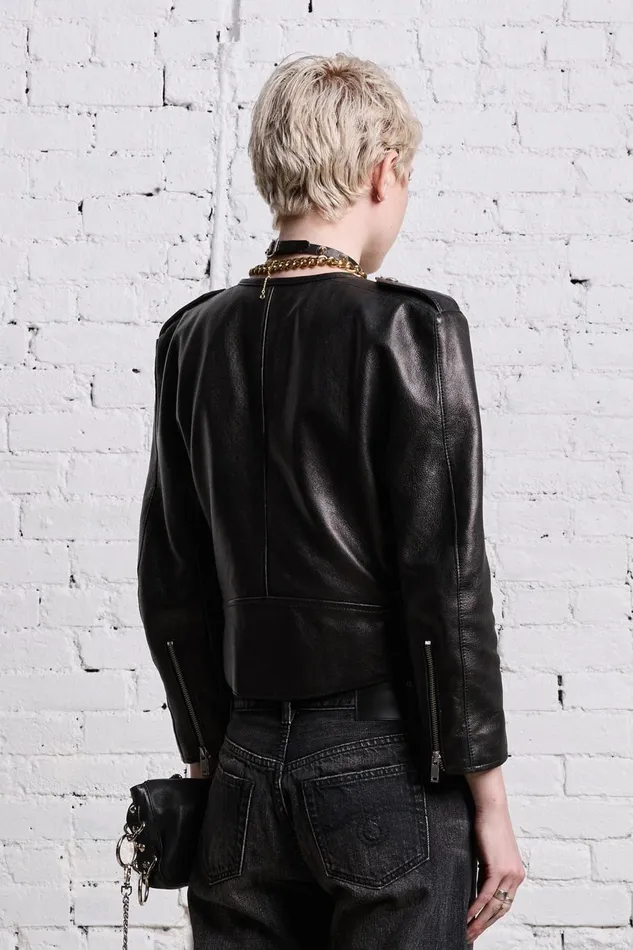 R13 Sale Women BELTED MOTORCYCLE JACKET 8211 BLACK