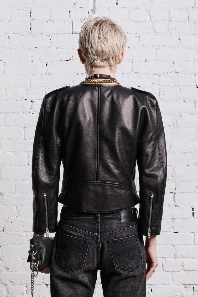 R13 Sale Women BELTED MOTORCYCLE JACKET 8211 BLACK