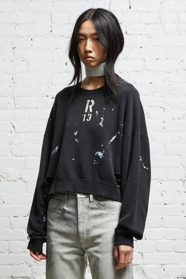 R13 Sale Women CROPPED R13 CREWNECK 8211 ACID BLACK