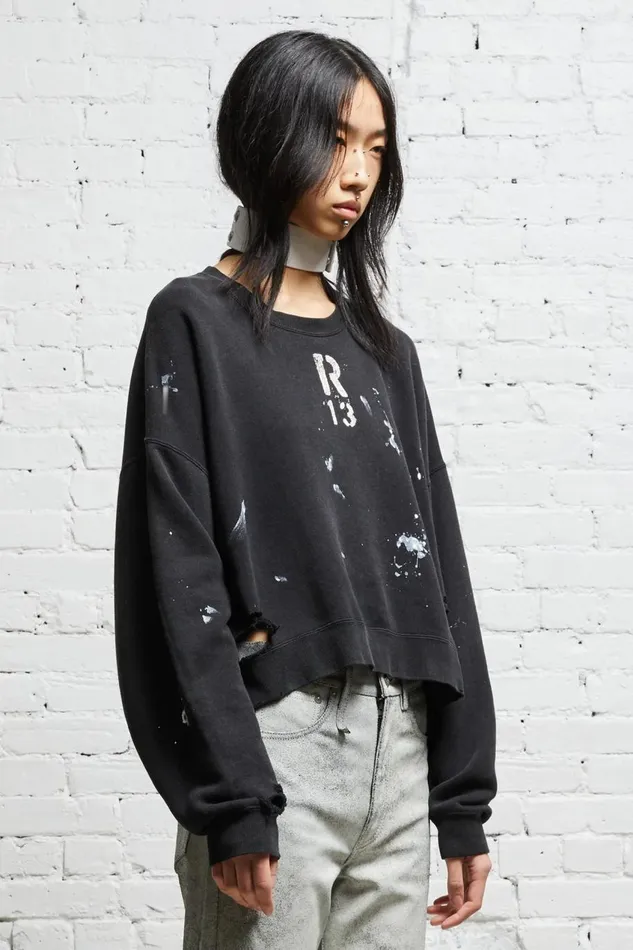 R13 Sale Women CROPPED R13 CREWNECK 8211 ACID BLACK