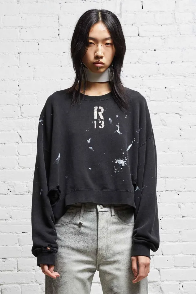 R13 Sale Women CROPPED R13 CREWNECK 8211 ACID BLACK