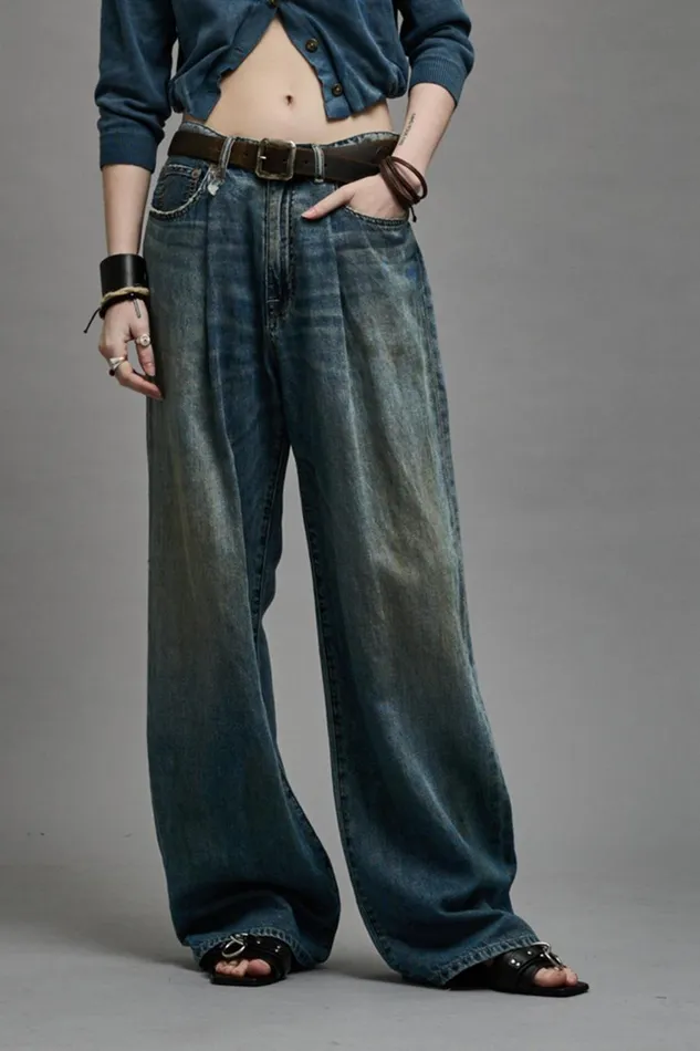 R13 Sale Women DAMON PLEATED WIDE LEG 8211 WEBER LINEN INDIGO