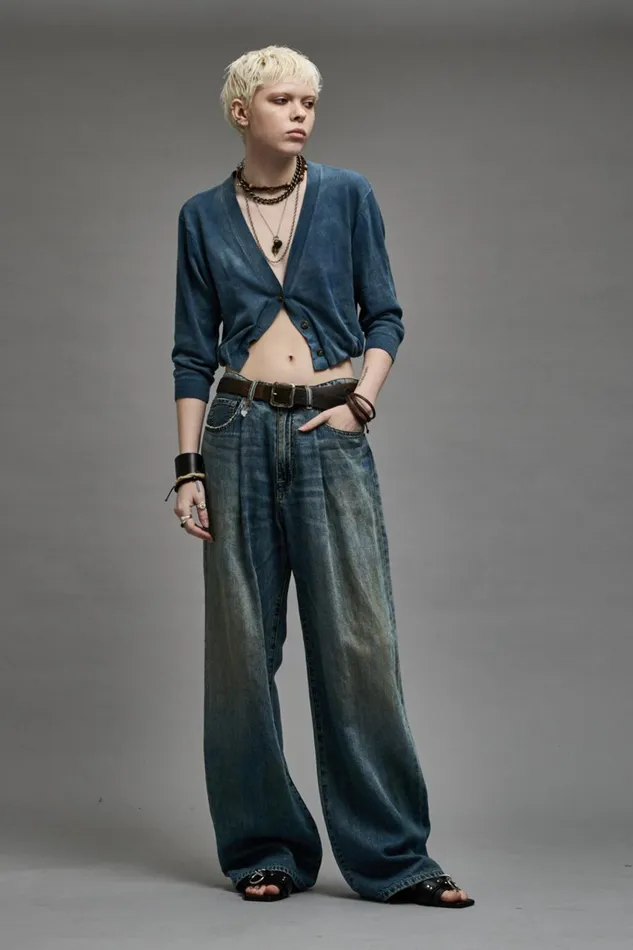 R13 Sale Women DAMON PLEATED WIDE LEG 8211 WEBER LINEN INDIGO