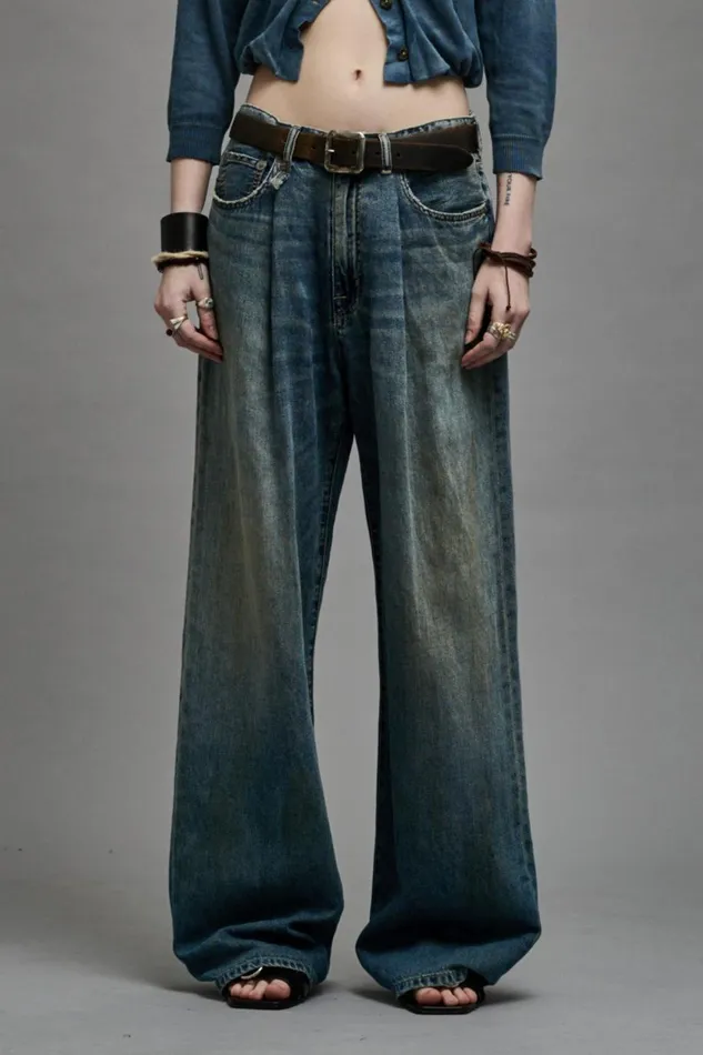 R13 Sale Women DAMON PLEATED WIDE LEG 8211 WEBER LINEN INDIGO