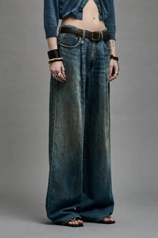 R13 Sale Women DAMON PLEATED WIDE LEG 8211 WEBER LINEN INDIGO