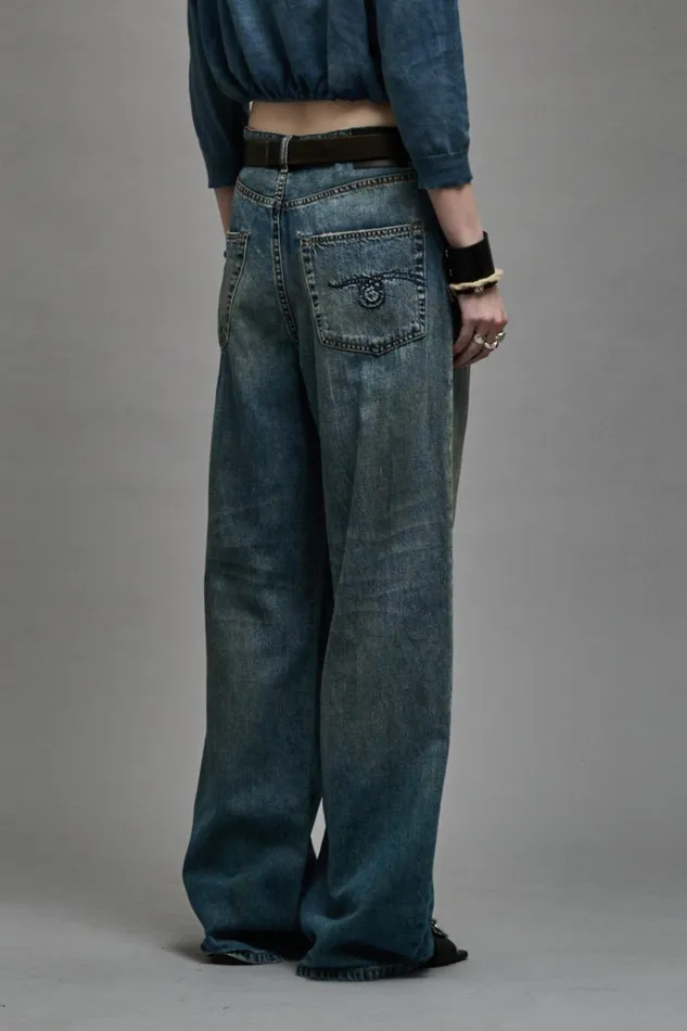 R13 Sale Women DAMON PLEATED WIDE LEG 8211 WEBER LINEN INDIGO