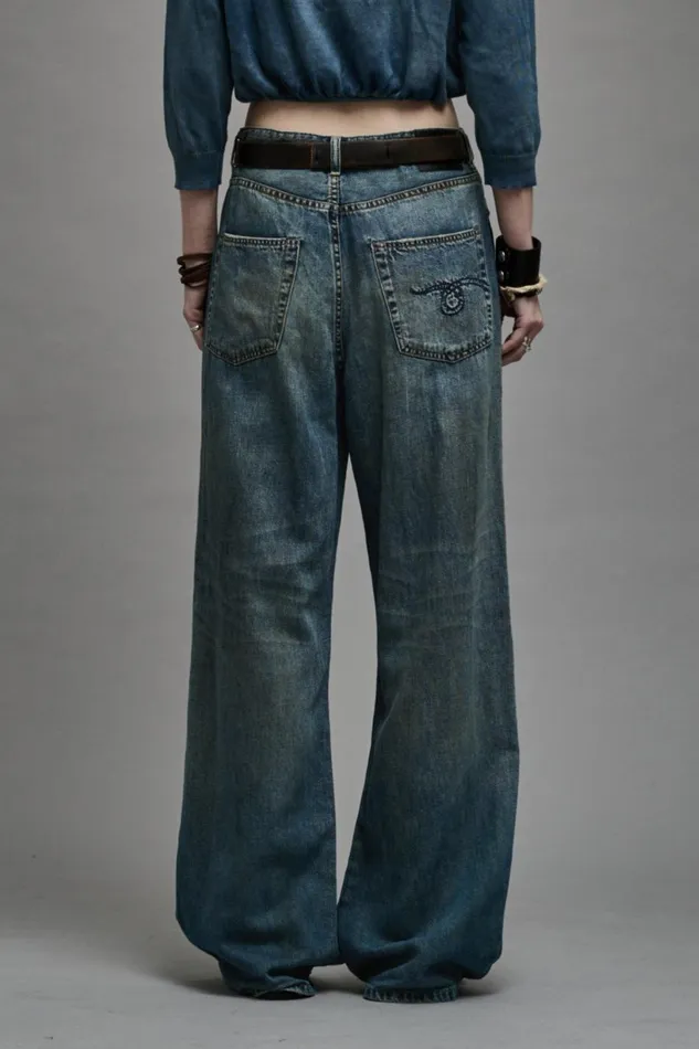 R13 Sale Women DAMON PLEATED WIDE LEG 8211 WEBER LINEN INDIGO