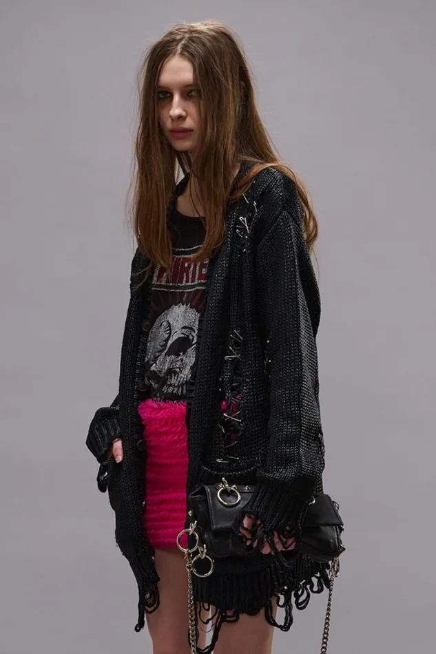 R13 Sale Women DISTRESSED BOYFRIEND CARDIGAN 8211 COATED BLACK