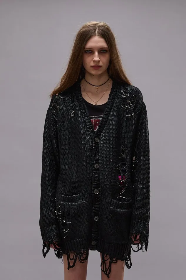 R13 Sale Women DISTRESSED BOYFRIEND CARDIGAN 8211 COATED BLACK