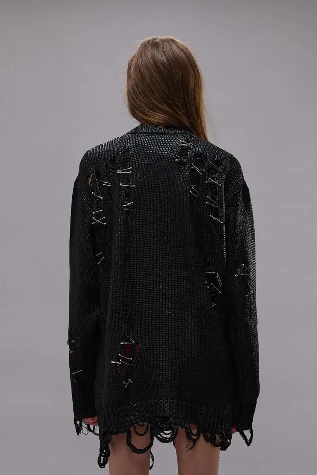 R13 Sale Women DISTRESSED BOYFRIEND CARDIGAN 8211 COATED BLACK