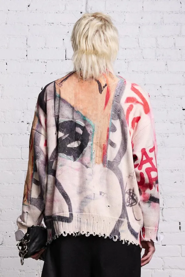 R13 Sale Women OVERSIZED SWEATER 8211 GRUNGE MURAL