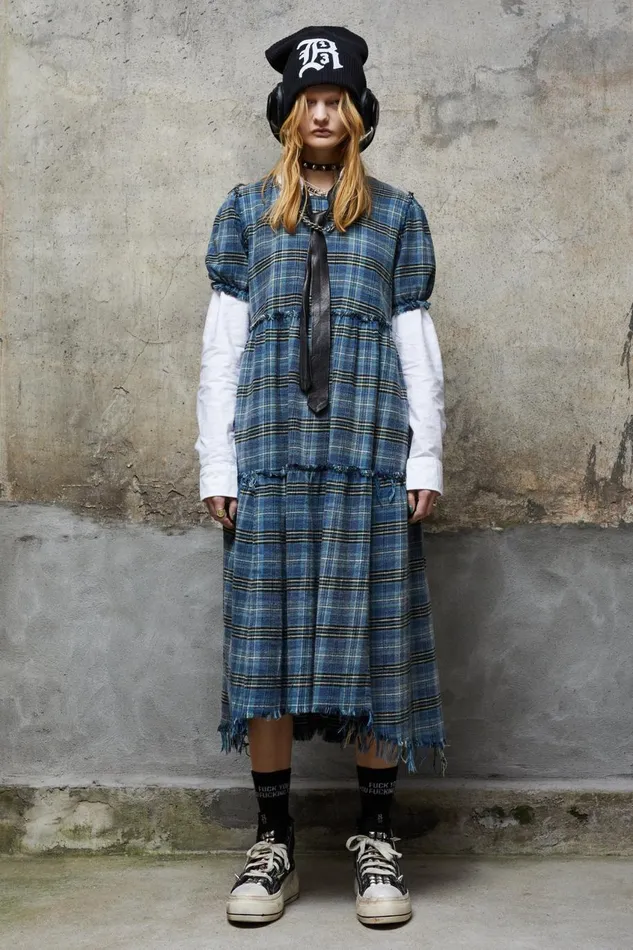 R13 Sale Women SHREDDED RELAXED MIDI 8211 BLUE PLAID