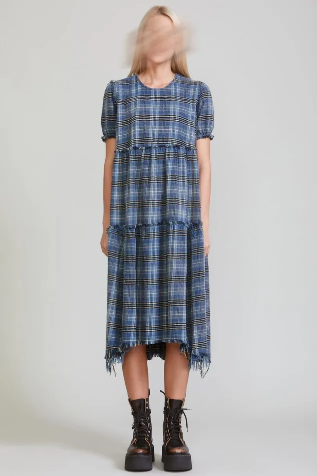 R13 Sale Women SHREDDED RELAXED MIDI 8211 BLUE PLAID