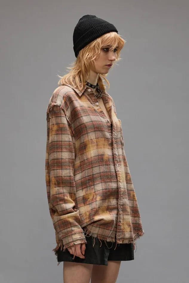 R13 Sale Women SHREDDED SEAM SHIRT 8211 BLEACHED ORANGE PLAID