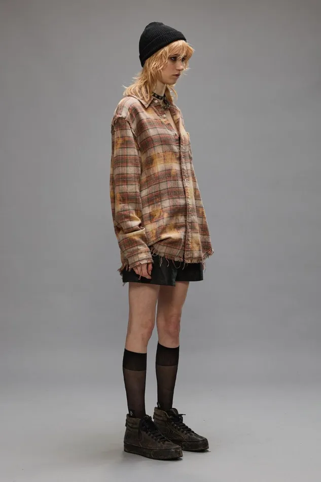 R13 Sale Women SHREDDED SEAM SHIRT 8211 BLEACHED ORANGE PLAID