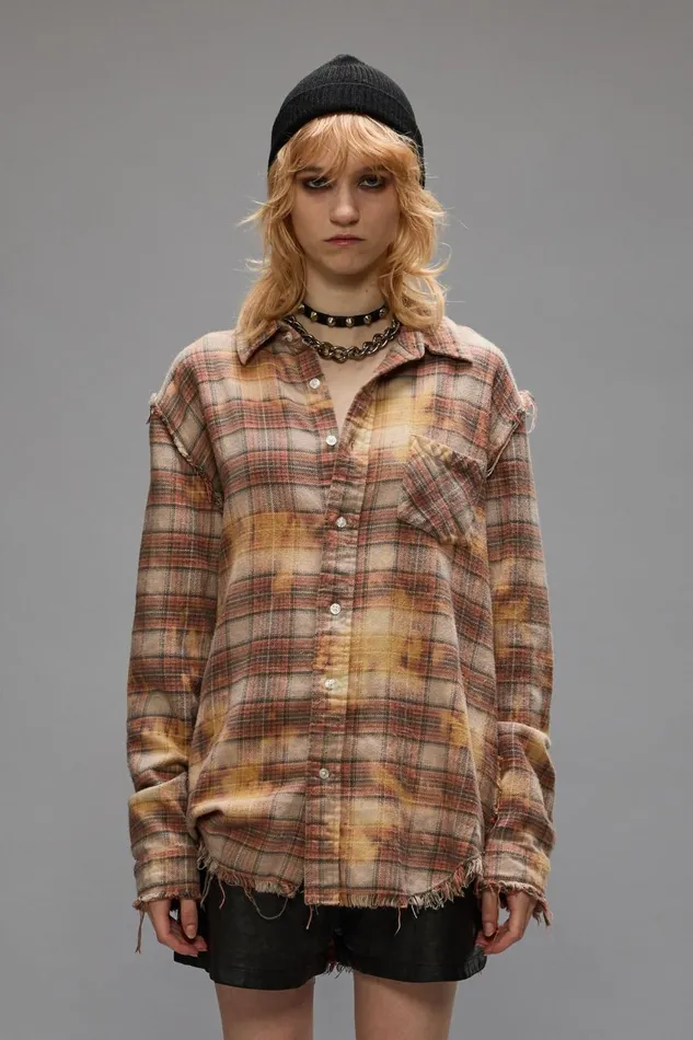 R13 Sale Women SHREDDED SEAM SHIRT 8211 BLEACHED ORANGE PLAID