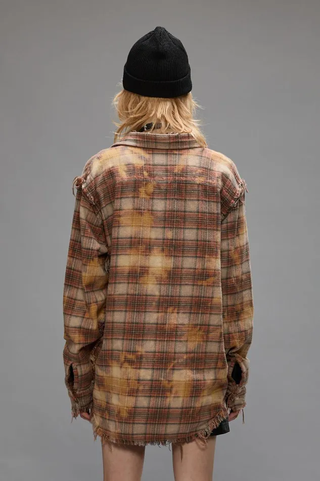 R13 Sale Women SHREDDED SEAM SHIRT 8211 BLEACHED ORANGE PLAID