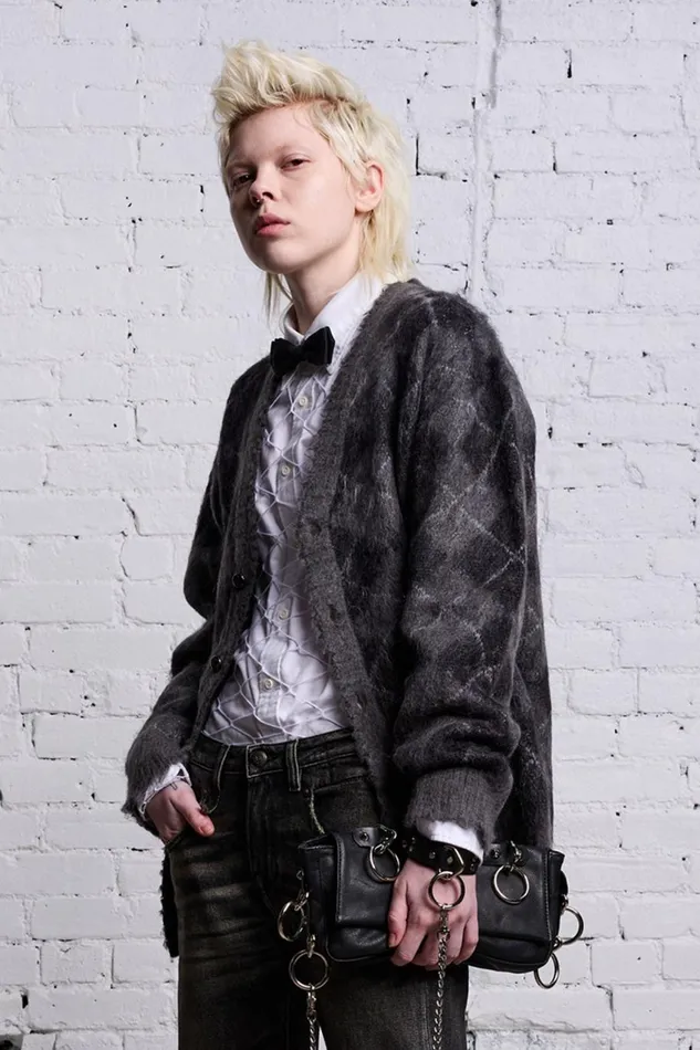 R13 Sweaters Women OVERSIZED DISTRESSED EDGE CARDIGAN 8211 CHARCOALBLACK ARGYLE
